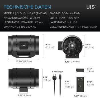 AC Infinity Cloudline A8 Inline Duct Fan 1230 m³/h, ø200 mm, with speed controller